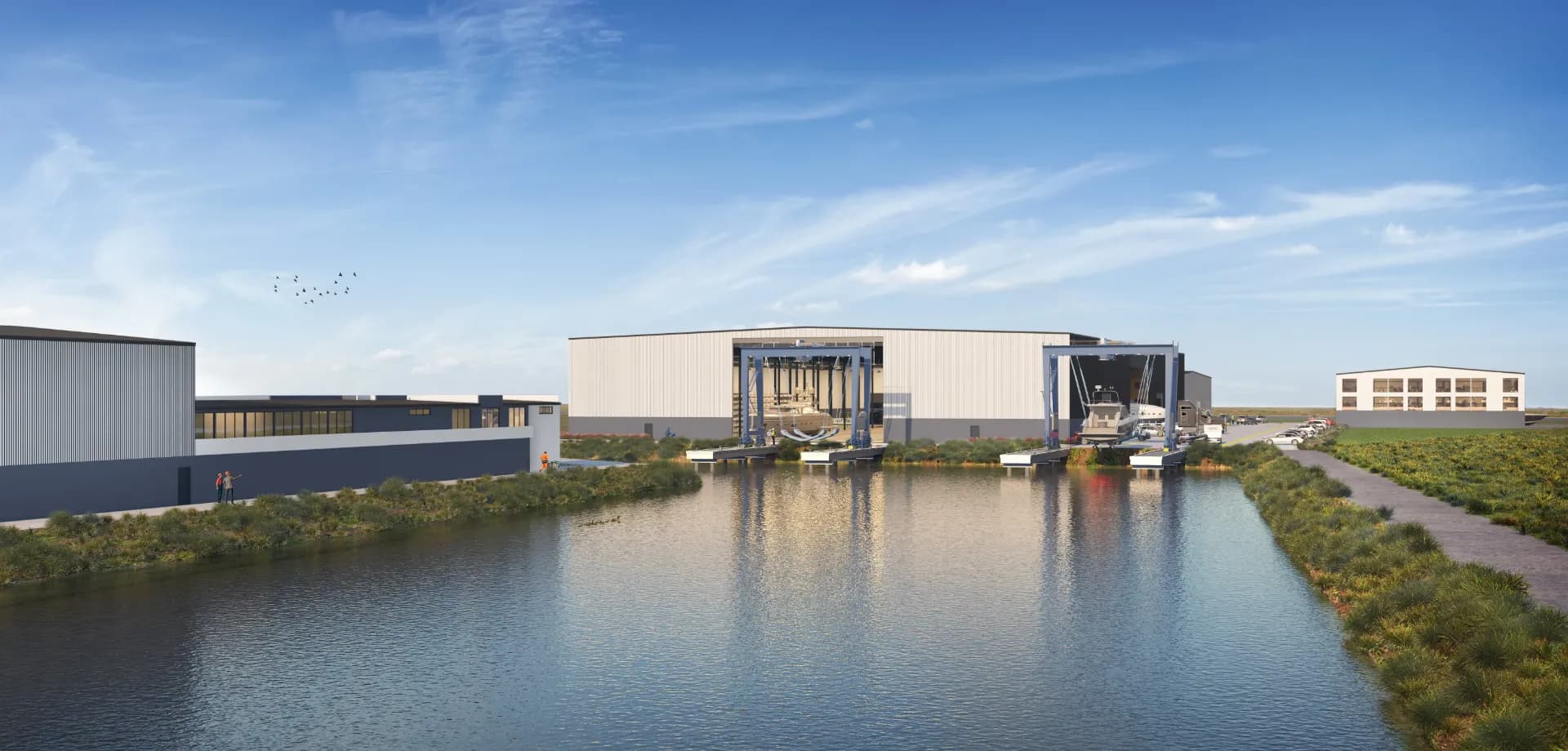 Artist impression of vessel lifting and covered service buildings at East Coast Marine Centre